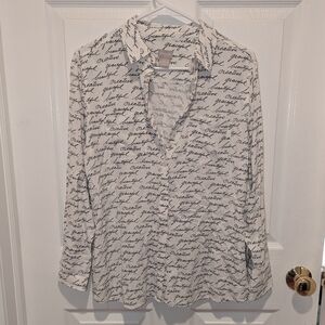 Chico's Women's Size 1P (8-10P) White W/ Black Word Button Front Blouse